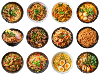 Delicious Array of Noodle Dishes Showcasing Various Ingredients and Flavors in a Visually Appealing 4x3 Arrangement of Bowls of Noodles. Piquant food set.