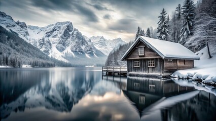 Fototapeta premium Black and White Winter Landscape: Wooden Lake House in Mountains