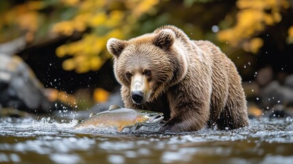Obraz premium Grizzly bear catching salmon in a river during autumn.
