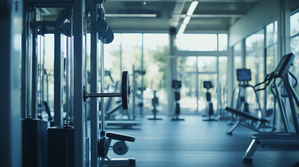 Fototapeta premium A professional gym with state of the art equipment. The focus is on a person in activewear performing an intense workout, lifting weights or using fitness machines