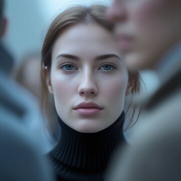 20대 서양 여자 여성 인파 거리 클로즈업 검은 검정 폴라 갈색 묶은 머리 미국 유럽 호주