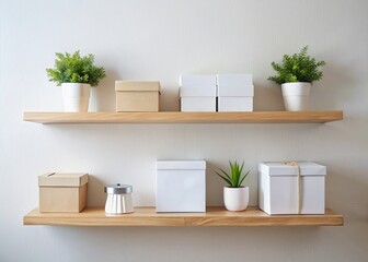 Calm Minimalist Interior: White Boxes on Wooden Shelf
