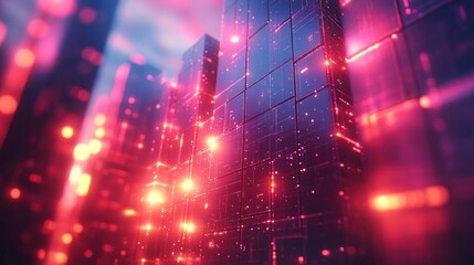 Obraz premium Futuristic city glowing with vibrant red and blue neon lights at night.