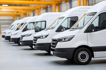Fototapeta premium Row of white commercial delivery vans in a modern warehouse