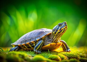 Candid Turtle on Green Background &ndash; Isolated Wildlife Stock Photo