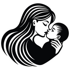 Mother and Baby Care Silhouette Vector Art Illustration, Mother hugging child, mom and baby icon logo illustration, Happy mother's day