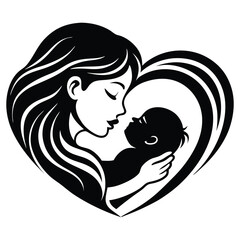 Mother and Baby Care Silhouette Vector Art Illustration, Mother hugging child, mom and baby icon logo illustration, Happy mother's day