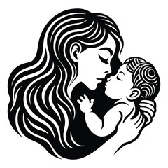 Mother and Baby Care Silhouette Vector Art Illustration, Mother hugging child, mom and baby icon logo illustration, Happy mother's day
