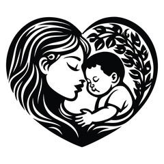 Mother and Baby Care Silhouette Vector Art Illustration, Mother hugging child, mom and baby icon logo illustration, Happy mother's day