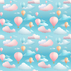 Seamless pattern of pastel hot air balloons floating among fluffy clouds on a blue background for whimsical decor concept