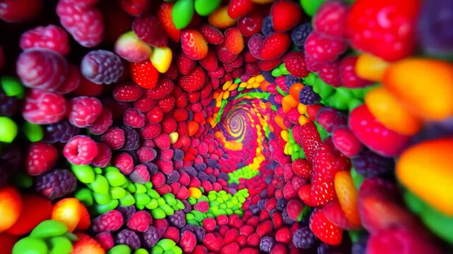 Swirly design background of colorful berries and fruits in a vibrant spiral tunnel.
