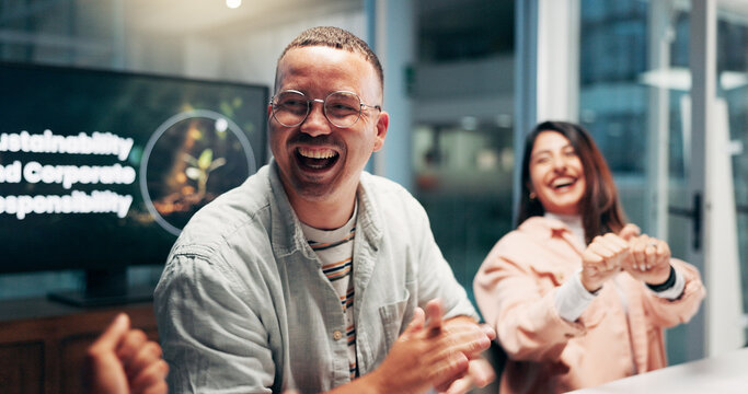 Business people, excited and celebration in promotion, announcement or negotiation success at office. Group of employees, smile and movement for sustainability, prize or responsibility contract