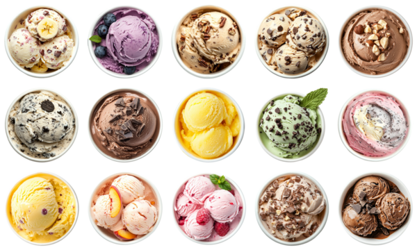 A Colorful Display of Ice Cream Varieties in Round Bowls, Featuring Flavors Like Chocolate, Vanilla, Berry, and Mint, Perfect for Summer Treats and Dessert Ideas. Piquant food set.
