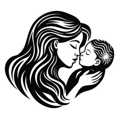 Mother and Baby Care Silhouette Vector Art Illustration, Mother hugging child, mom and baby icon logo illustration, Happy mother's day
