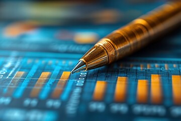 Fototapeta premium Analyzing Key Performance Indicators With a Pen on a Bar Graph for Strategic Business Decisions and Departmental Comparisons