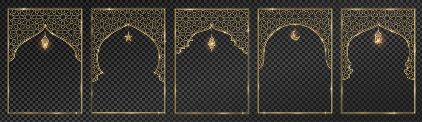 Transparent background can be removed in vector file. Ramadan or Al-Adha golden decoration. Islamic windows, mosque doors, holiday frames. Lanterns, crescent, stars. Vertical format for cards.
