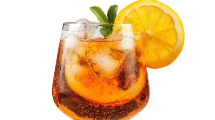 Refreshing citrus drink topped with mint leaves and ice garnished with lemon slice