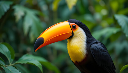 Naklejka premium Colorful toucan with a large orange beak perched among vibrant green leaves in a tropical setting