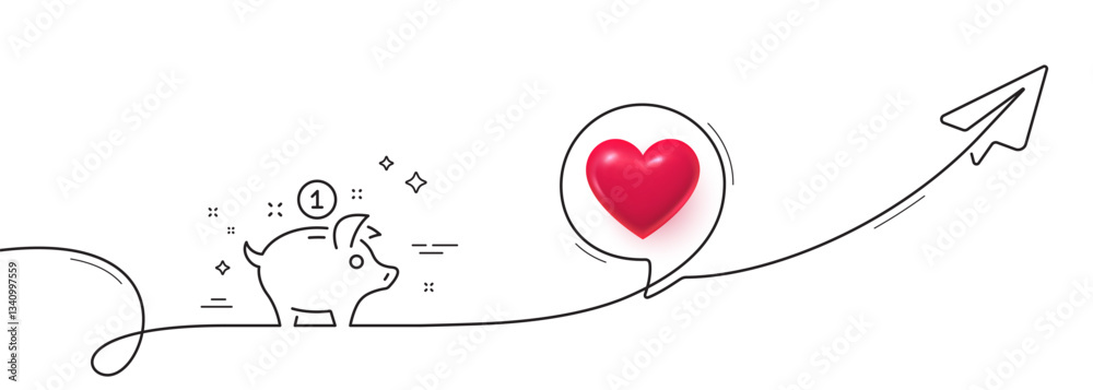 Poster saving money line icon. continuous line with share plane. piggy bank sign. 3d heart in speech bubble