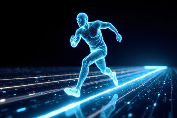 Obraz premium Blue silhouette of a running man in motion on a blue background, representing fitness, sport, and action
