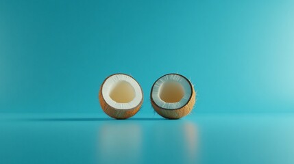 Two halves of a coconut on a turquoise background