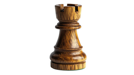 Unique wooden chess rook standing proudly on a white background with a polished finish