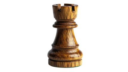 Unique wooden chess rook standing proudly on a white background with a polished finish