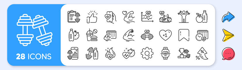 Fitness time line icons. Interest rate, AI generate, Inflation icons. Bike Workout, Strong Muscle Arm, Gym fit dumbbell. Training analysis, Workout plan and Cardio exercise line icons. Vector