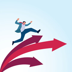A man jumping and a branching arrow. A metaphorical illustration for business expansion, franchise development and expanding business.