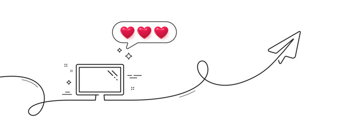 Monitor line icon. Continuous line with share plane. Computer component device sign. Screen symbol. Hearts rate review in speech bubble. Monitor single line ribbon. Loop curve pattern. Vector