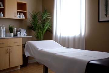 Obraz premium Spa treatment room with white linens and plant