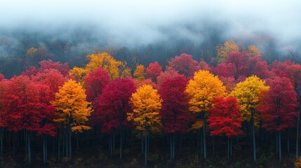 Misty autumn forest with vibrant red and gold foliage.
