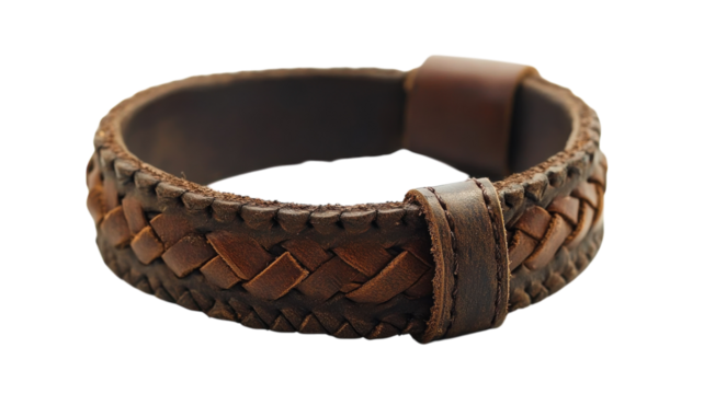 Handmade leather bracelet featuring intricate braiding and a unique clasp design