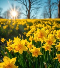 Sunlit field of vibrant yellow daffodils blooming in spring, beauty, daffodil, bright
