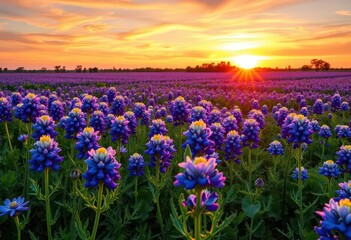 Fototapeta premium Sunrise paints Texas bluebonnet field in vibrant hues, dew-kissed petals shimmer, petal, flora