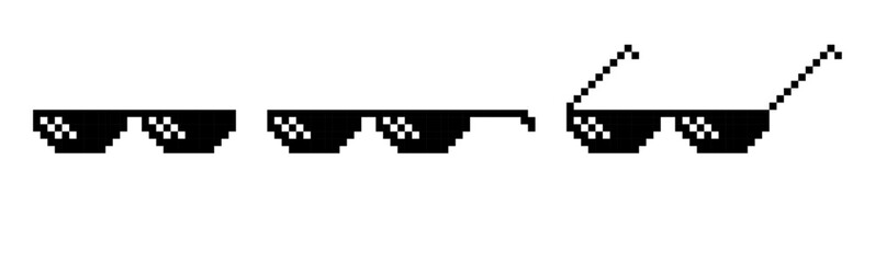 Pixelated sunglasses in different positions, Pixel glasses meme, pixel glasses, sunglasses meme, like a boss meme, pixel art.