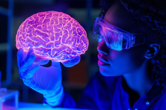 A woman in a lab coat and gloves holds a model of a florescent brain. Concept of curiosity and fascination with science