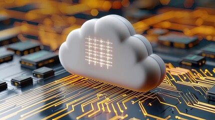 Cloud technology in computing and data transfer concept. A digital cloud symbol over a circuit board, representing data storage and technology.