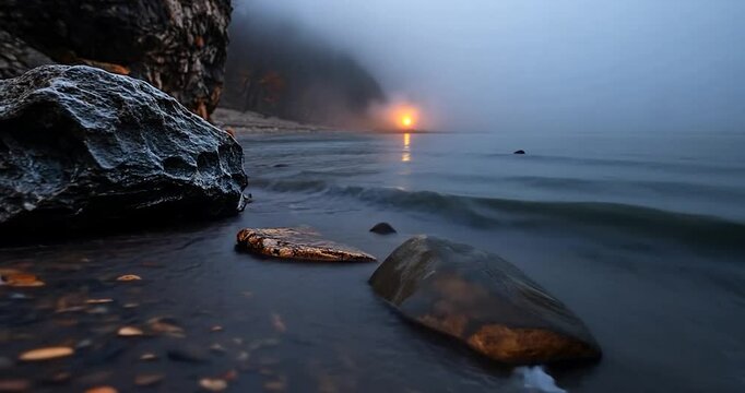 Misty sunrise over a pebble beach with dark rocks and cliffs. Soft waves lap the shore, reflecting the warm light