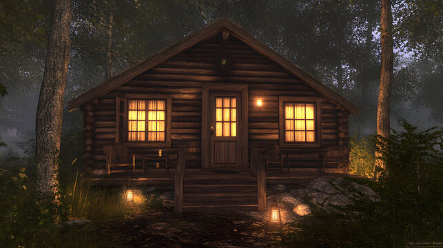 Enchanted Log Cabin in the Misty Forest at Dusk