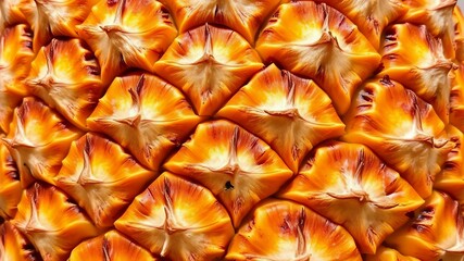 A close-up of the rough, spiky texture of pineapple skin, highlighting the geometric patterns and golden color.