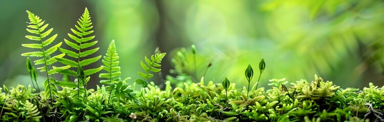 Ferns and Moss in Lush Green Forest, Macro Shot