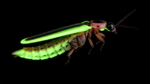 A macro view of a firefly&rsquo;s abdomen, its bioluminescent glow pulsing in soft green hues, magnified to show the tiny, segmented texture and faint light diffusion.