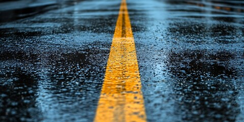 Wet road, yellow line, rain, asphalt