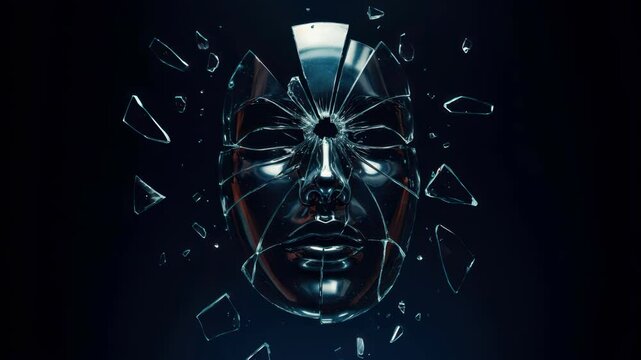 mask shatters into small pieces, mask made of glass, dark background