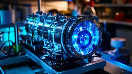 Close-Up of an Experimental Hydrogen Fuel Cell Engine on a Test Bench with Glowing Blue Energy Output
