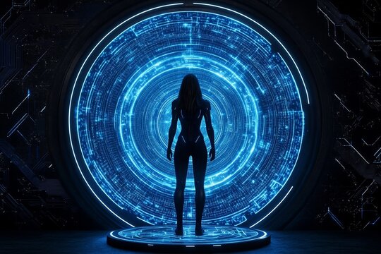 A cybernetic hacker standing before a holographic vault, their goal finally unlocked