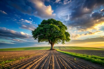 A lonely tree standing on a green field under a blue sky with clouds, surrounded by nature and a peaceful countryside landscape