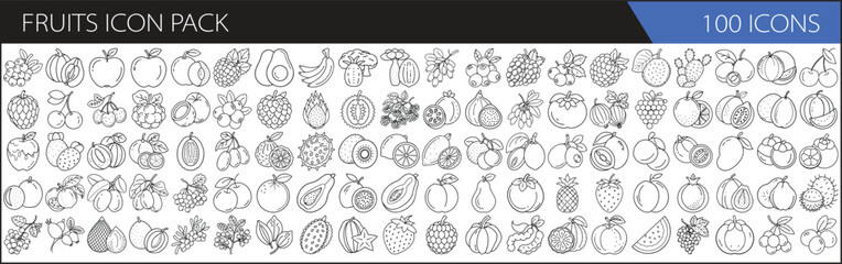 Fruits Icon Pack - 100 Line Art Icons - A set of 100 minimalist line icons depicting various fruits, including apples, oranges, bananas, berries, and exotic tropical fruits for design use.  

