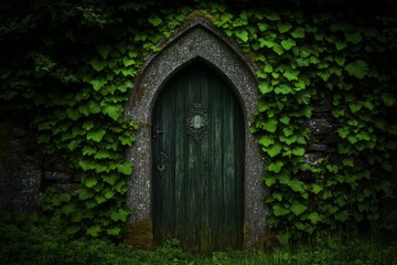 Obraz premium A forgotten mausoleum covered in ivy, its stone door slightly ajar